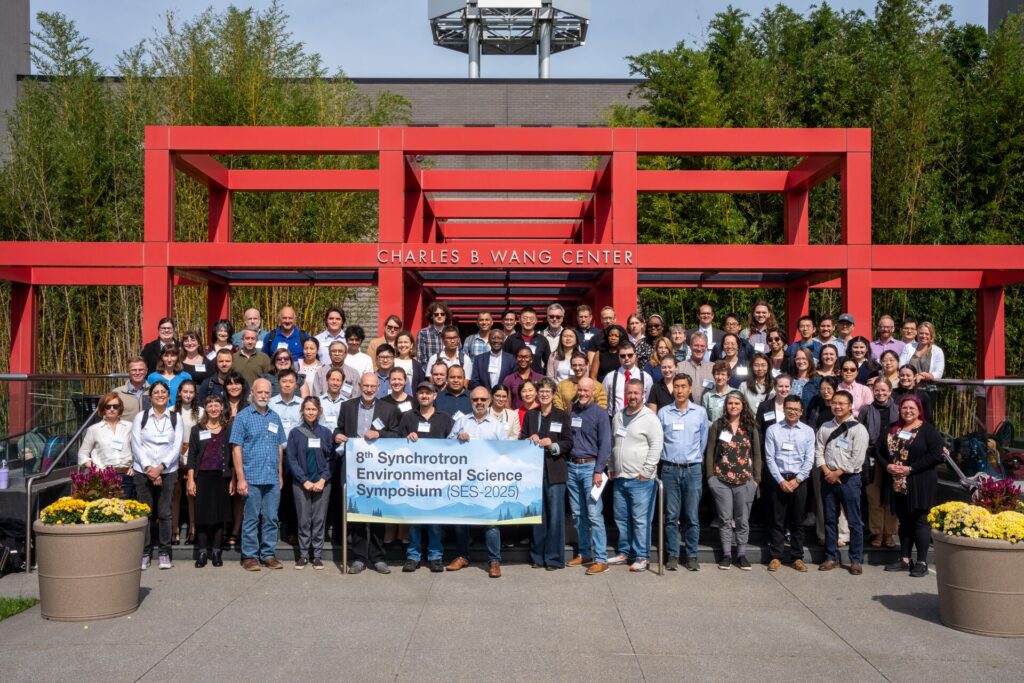 Participants at the 8th SES Symposium gathered under the portico of the Charles B. Wang Center.